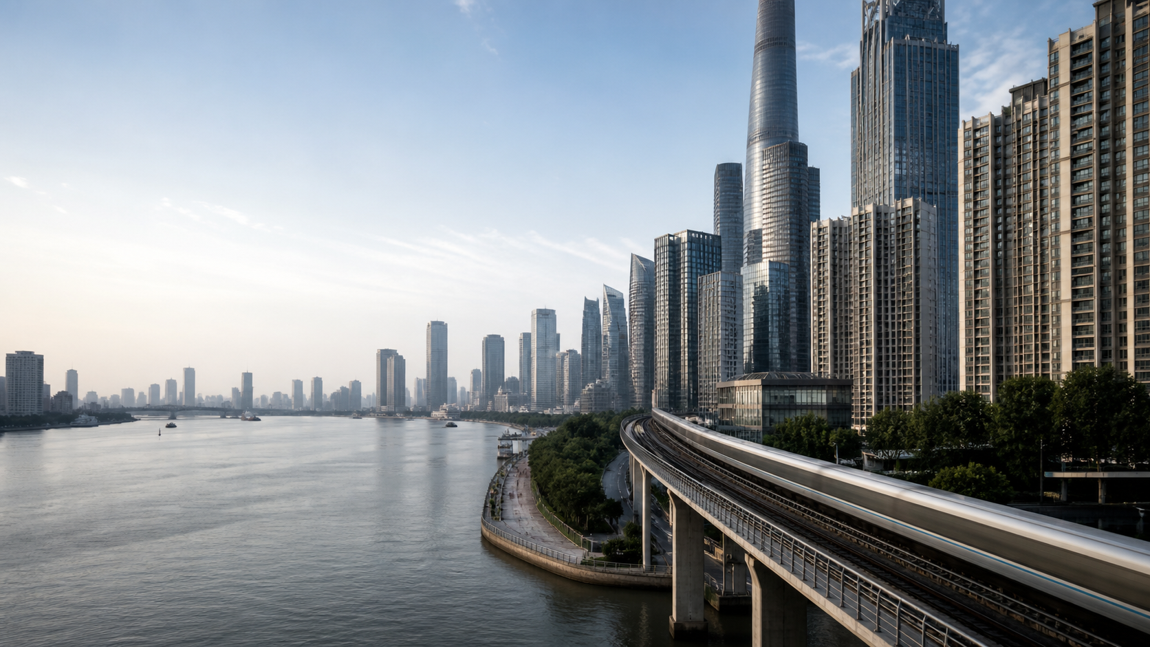 Shanghai riverfront, elevated transit, and contemporary city towers