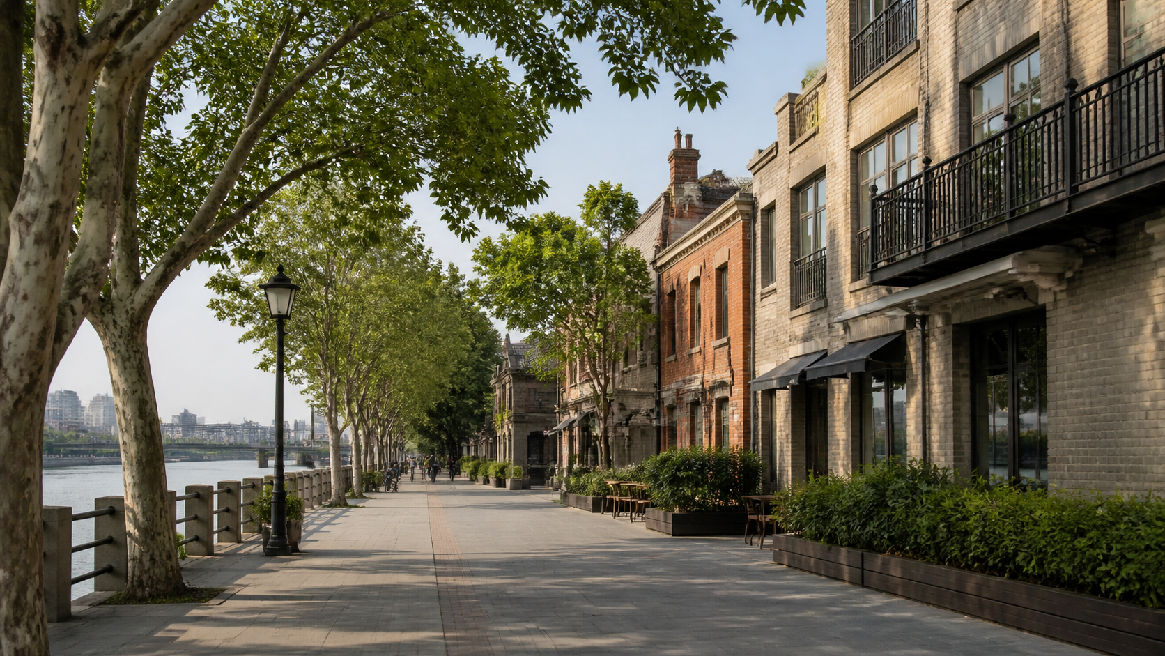Tree-lined riverside street in Shanghai